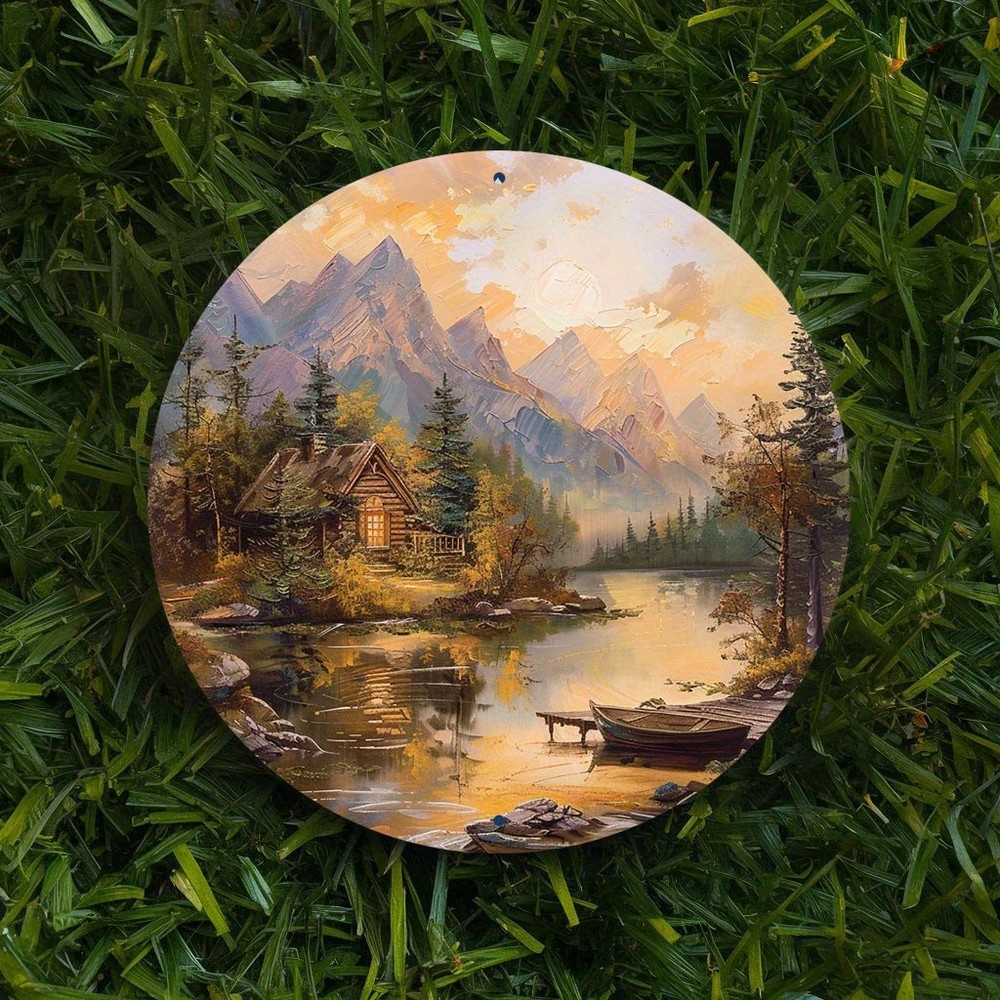Vintage Cabin Mountain Lake Metal Wall Art Round Aluminum Sign