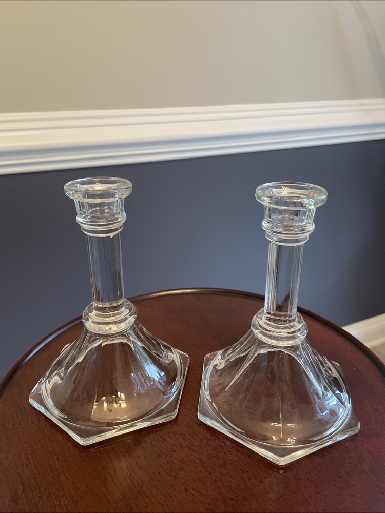 Set of 2 Vintage Homco Clear Glass Candlestick Holders with a Hexagonal Base