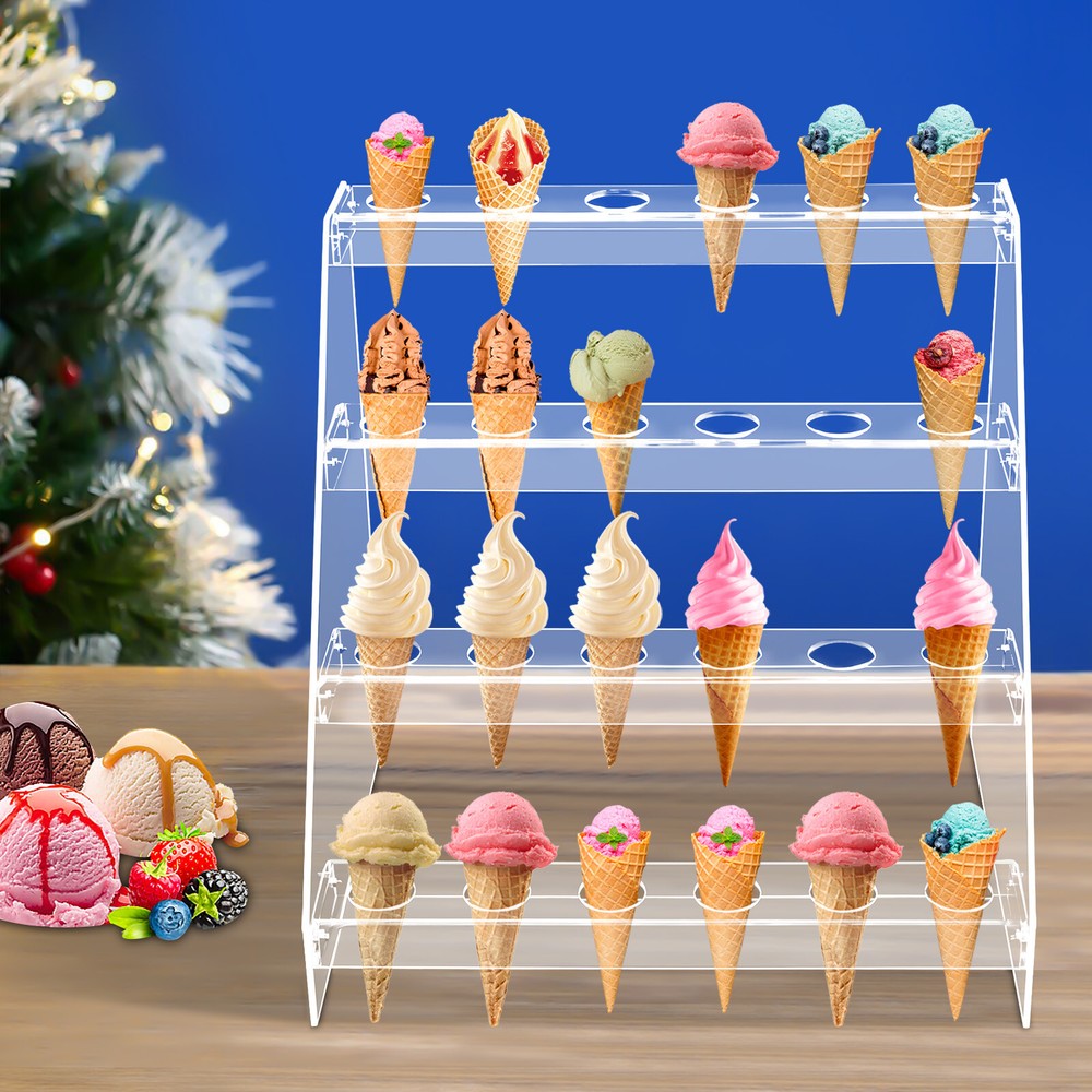 24 Hole Ice Cream Cone Serving Holder Clear Acrylic Food Cone Display Stand Rack