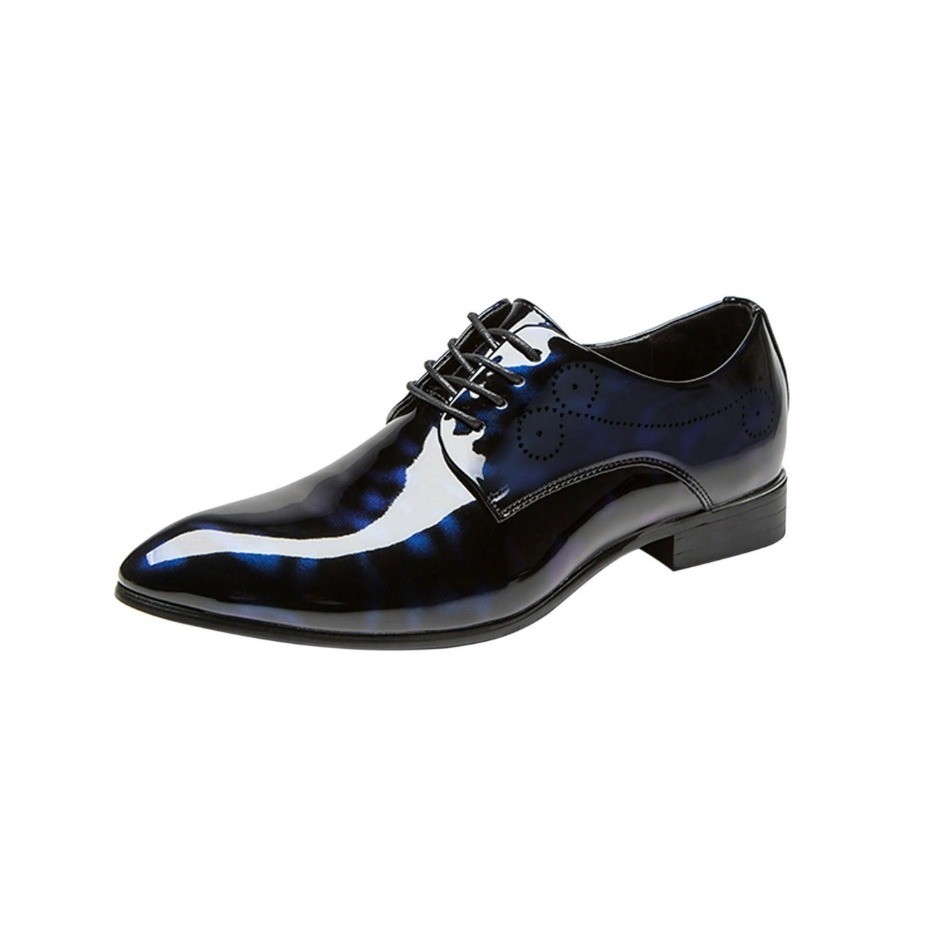 Santimon Men's US 8.5 Blue Patent Leather Lace Up Derby Pointed Toe Dress Shoes