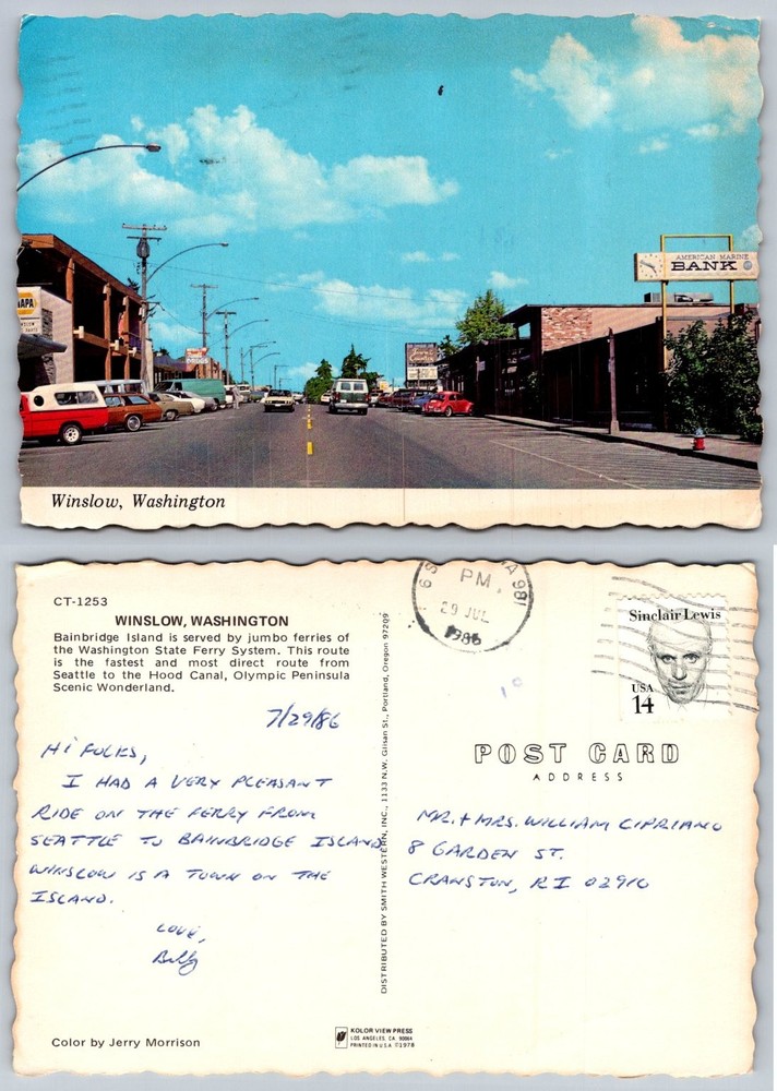 1986 Winslow, Washington Main Street View Postcard - American Marine Bank