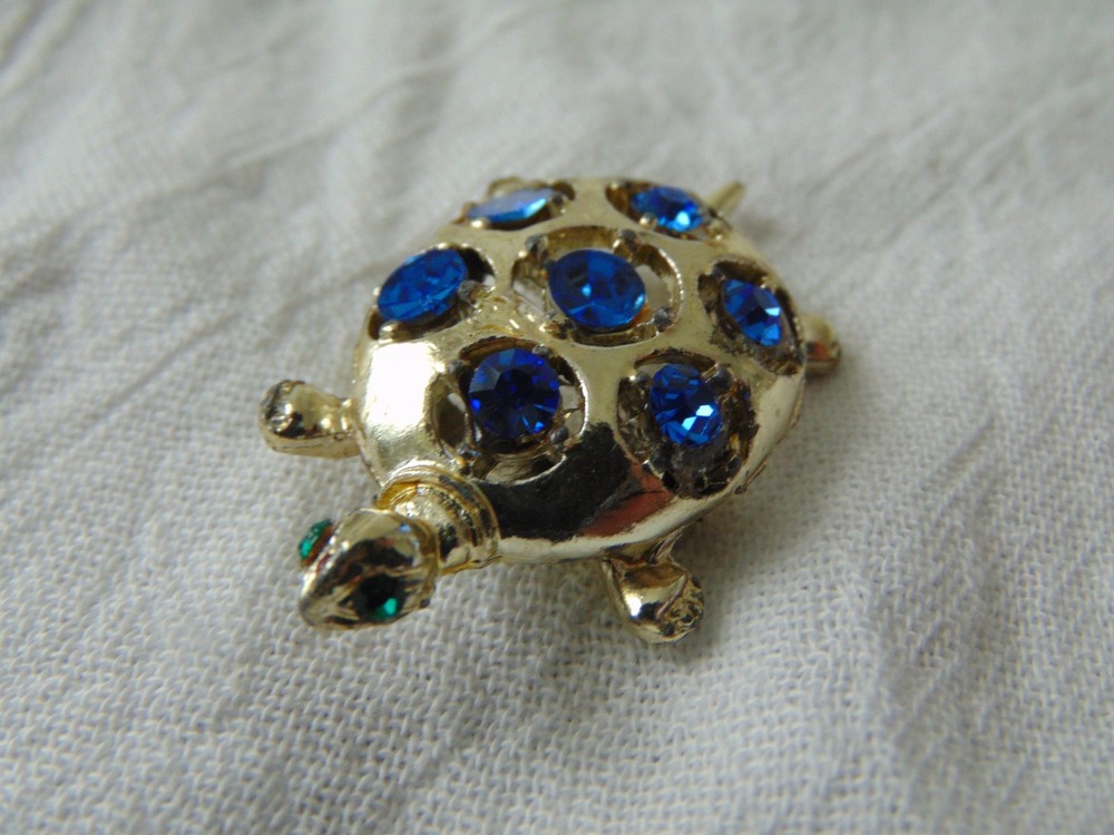 sparkling vintage blue green crystals Turtle brooch