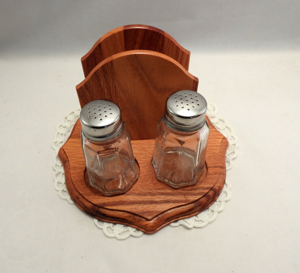 Vintage Wooden Vermillion Napkin Holder Salt & Pepper Shaker Holder