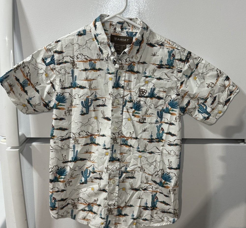 Ariat Boys Krish S S Shirt Med 10-12 Western Desert Cactus Cowboy Button Up EUC