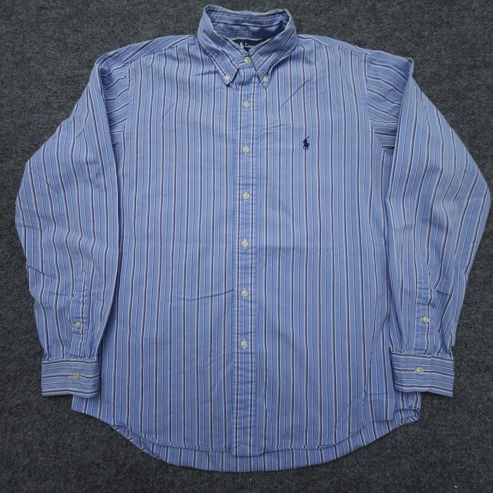 Ralph Lauren Shirt Mens Large Blue Striped Custom Fit Button Down Long Sleeve