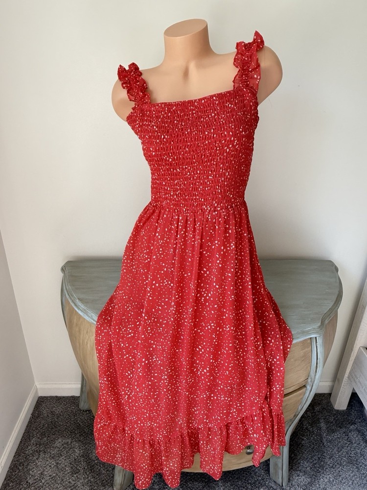 Maurices maxi Slip Sun dress L Smocked Chiffon Romantic Coral Coastal Summer