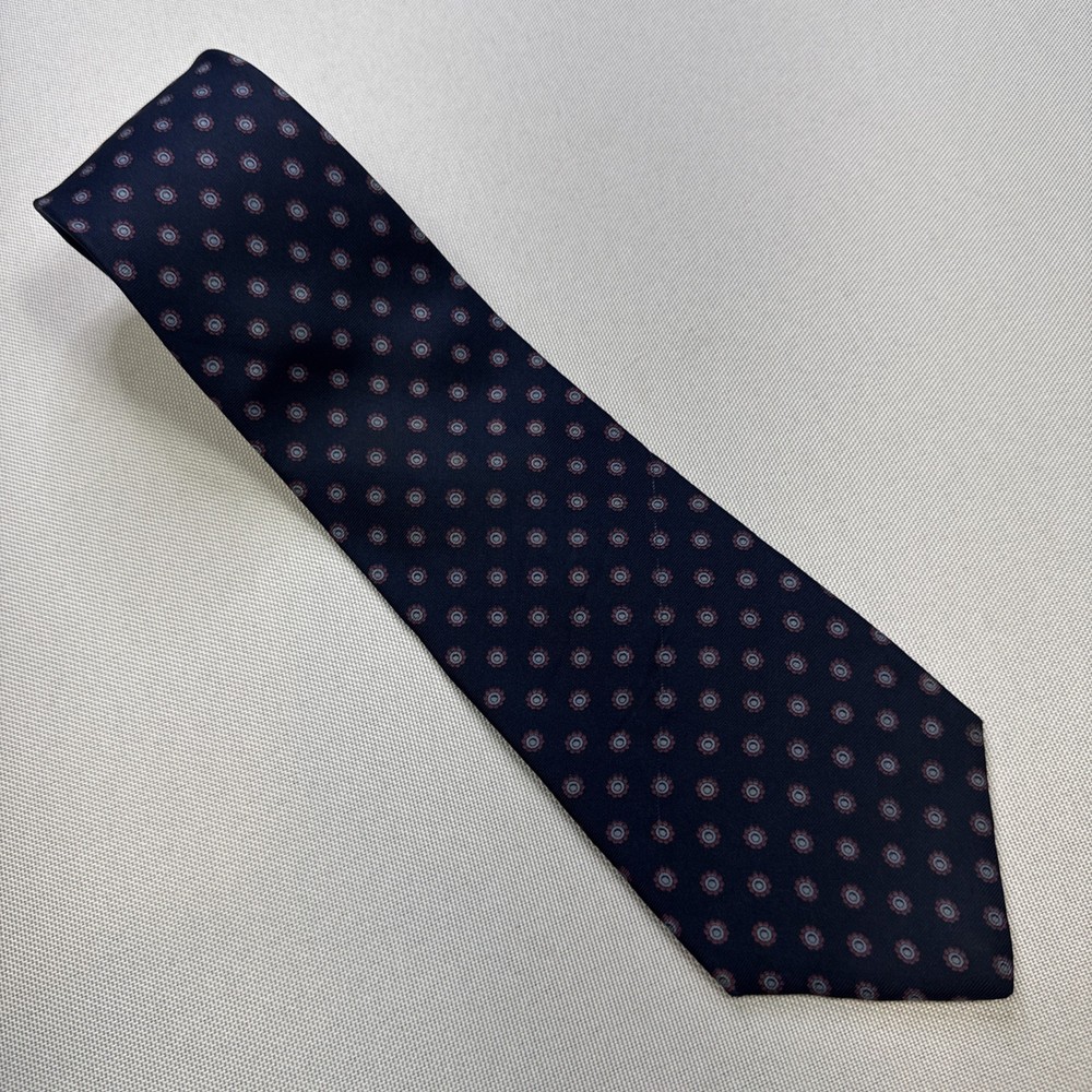 Vtg Yves Saint Laurent YSL Silk Tie NavyBlue Red Geometric Foulard Medallion USA