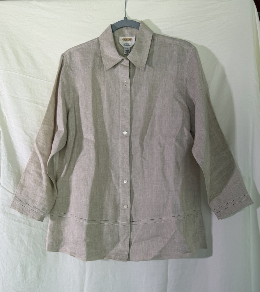 Talbots Irish Linen Blouse Beige Collared Button-Up 3/4 Sleeve Women's Size 8