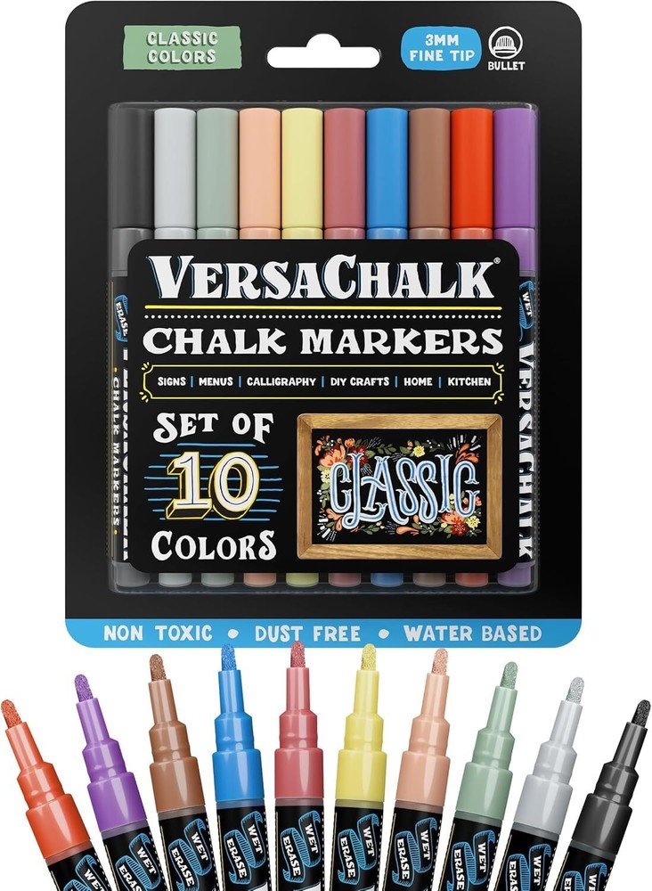 VersaChalk Liquid Chalk Markers for Blackboards - 10 Pack, Fine Tip (3mm) - C...