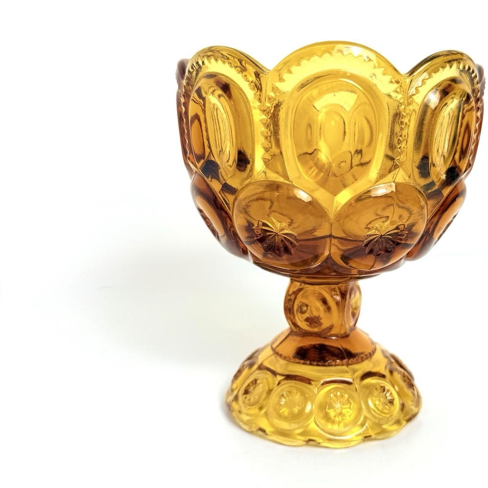 Vintage LE Smith Moon and Stars Amber Glass Pedestal Compote Candy Dish 5.5”H