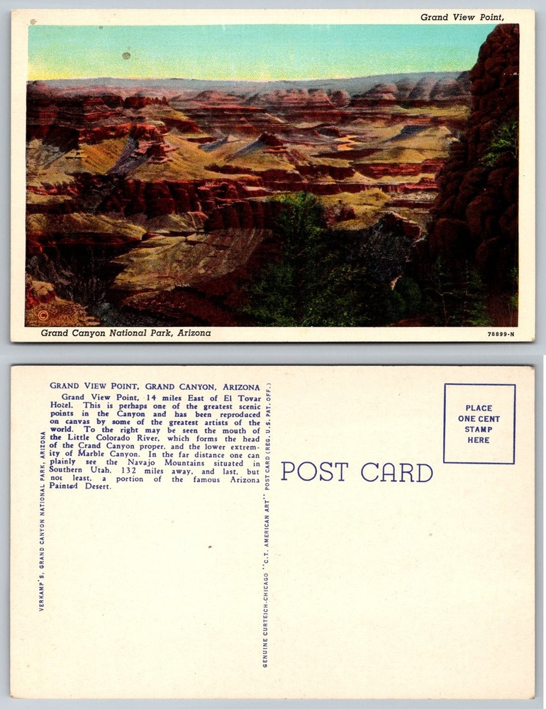 Grand View Point Grand Canyon Arizona Vintage Linen Postcard Curteich