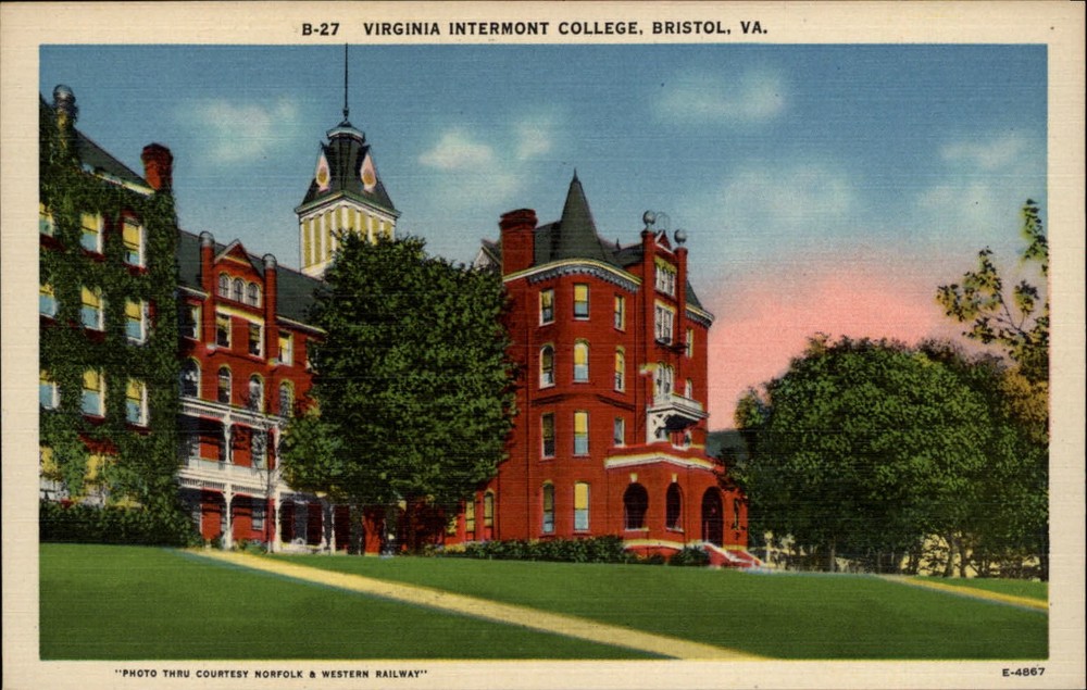 Intermont College Bristol Virginia tower grounds ~ 1930s linen postcard