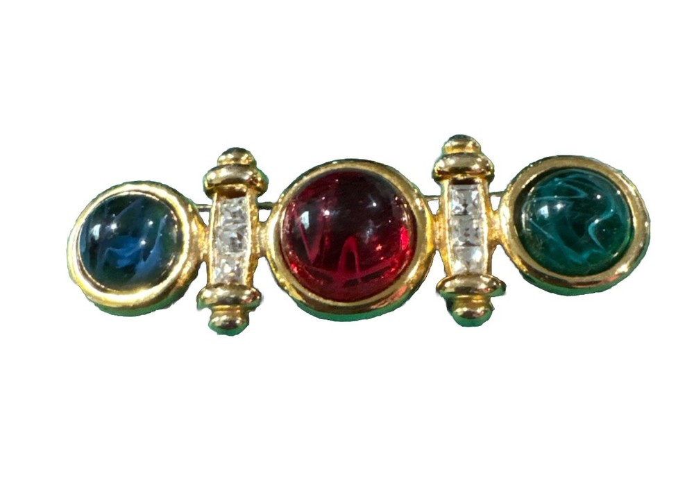 VTG Gold Tone Mogul Style Red Blue Green Cabochon Brooch Pin Unsigned Gripoix