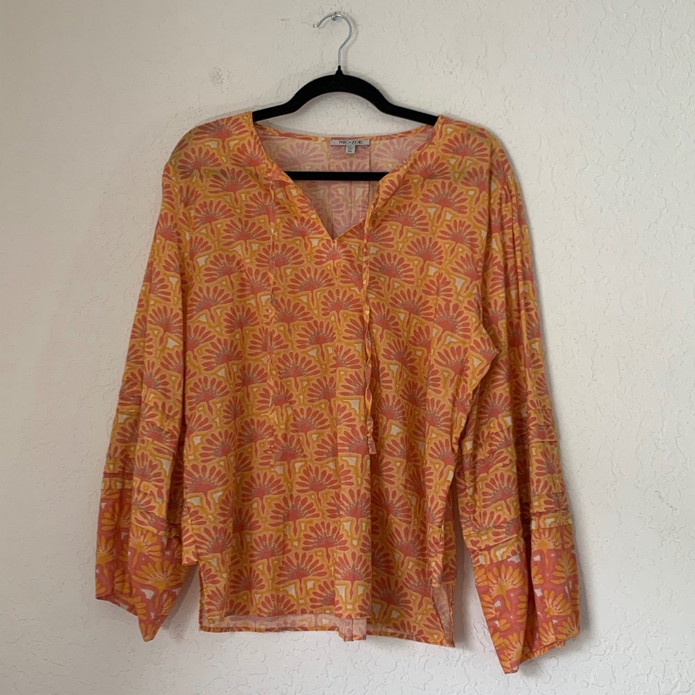 NIC+ZOE Blouse Swan Rays Women XL Orange Botanical Cotton Tie Neck Boho Coastal