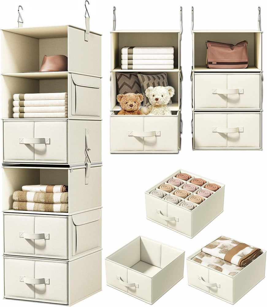 6-Shelf Hanging Closet Organizer with 3 Drawers, 2 Separable 3-Shelf Closet Orga