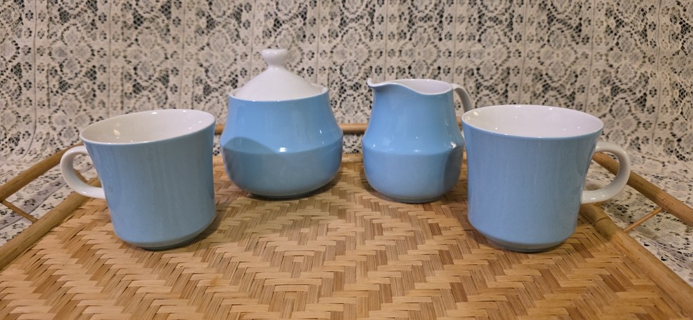 Mikasa Cera-Stone Blue & White Tea Cups, Creamer Pitcher, Sugar Bowl Set 1970's