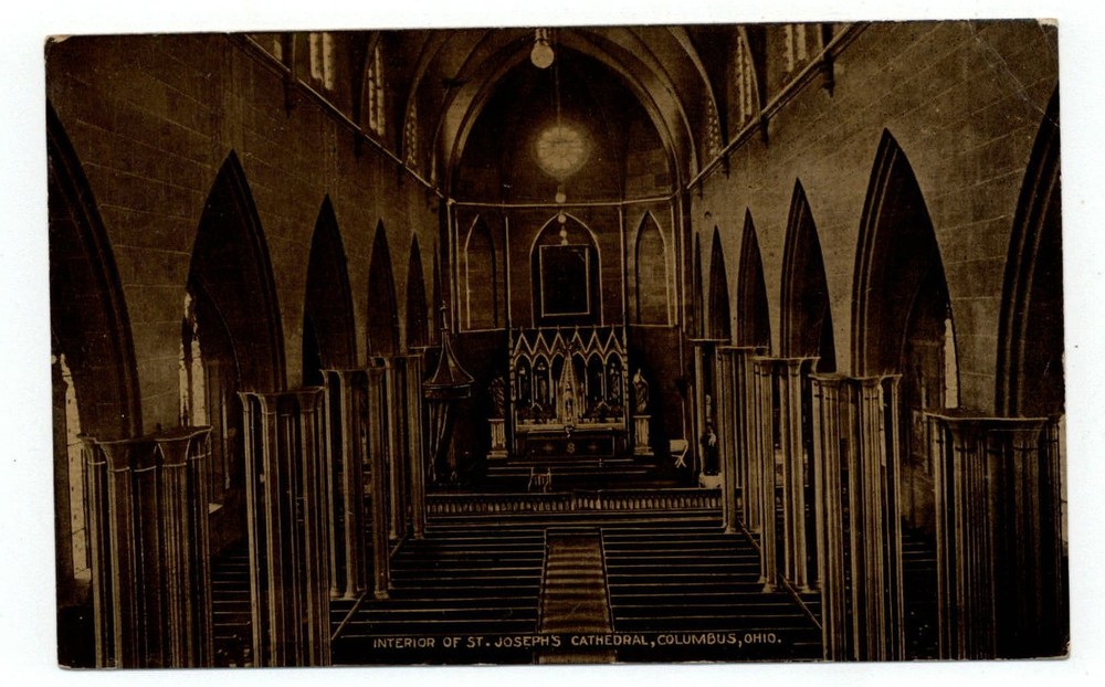 Columbus Ohio St Joseph's Cathedral interior altar arches mailed 1913 postcard