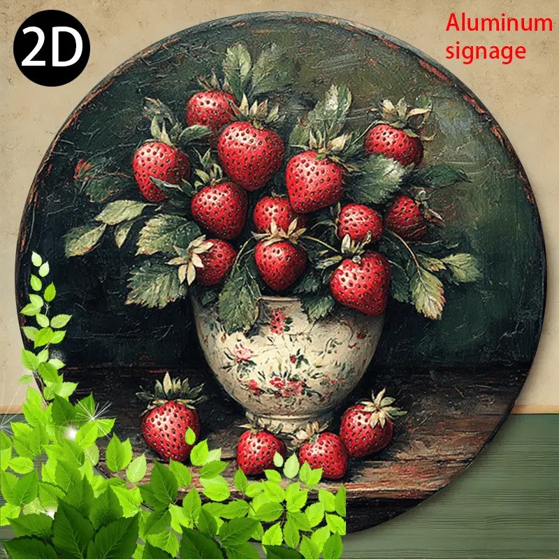 Vintage Strawberry Floral Vase Metal Wall Art Red Berries Green Foliage