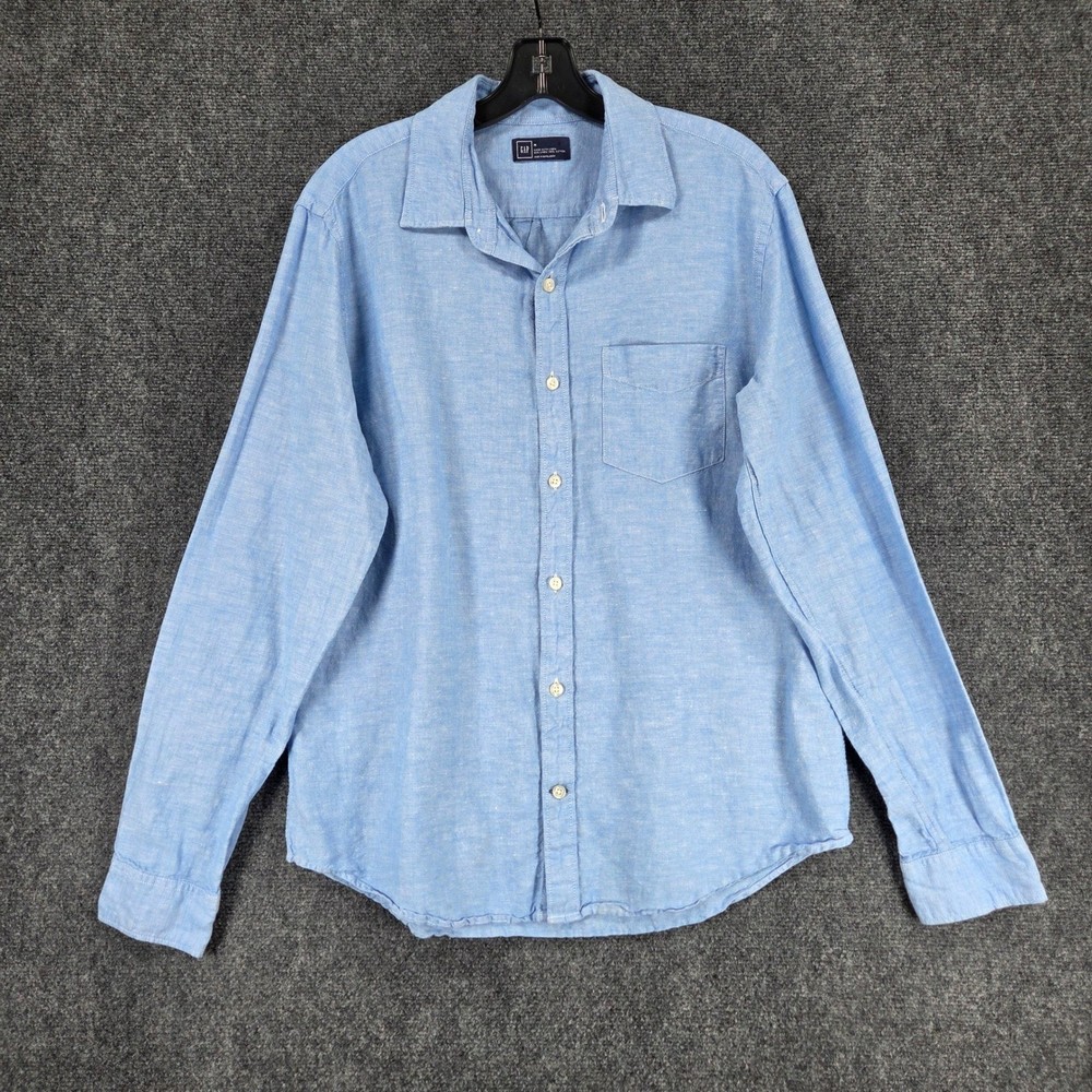 Gap Linen Button Down Shirt Womens Medium Blue Long Sleeve Cotton Minimalist