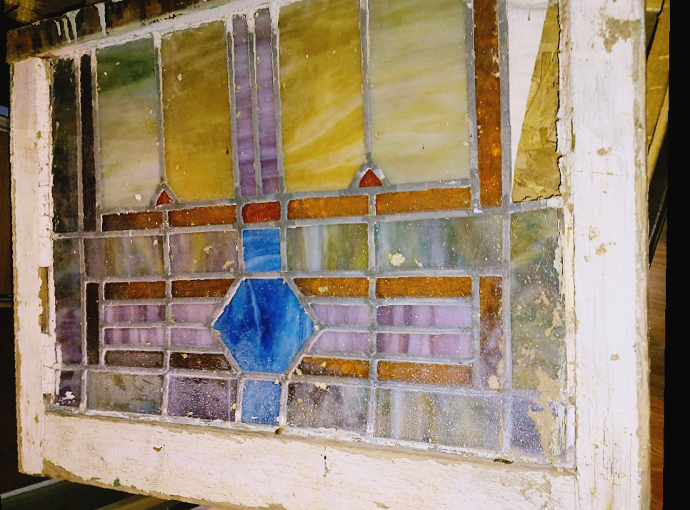 antique architecture salvage stained glass window with original wood casing