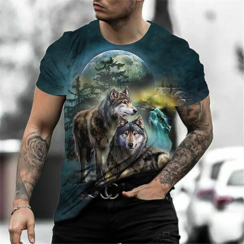 Men's Graphic Wolf T-Shirt, Moonlit Night Forest, Cool Animal Print Tee, S-6XL