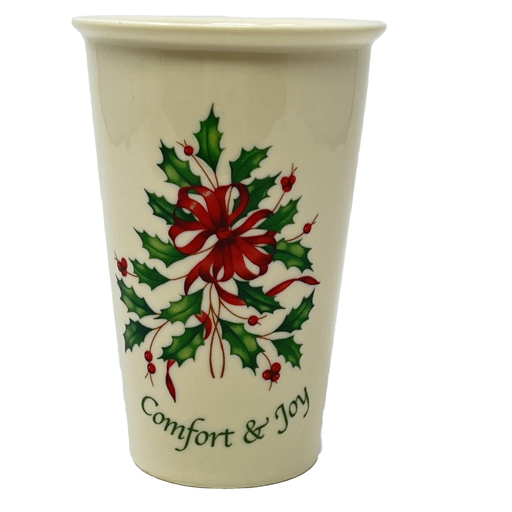 Lenox American By Design Travel Tumbler Mug No Lid “Comfort & Joy” Holly Ribbon