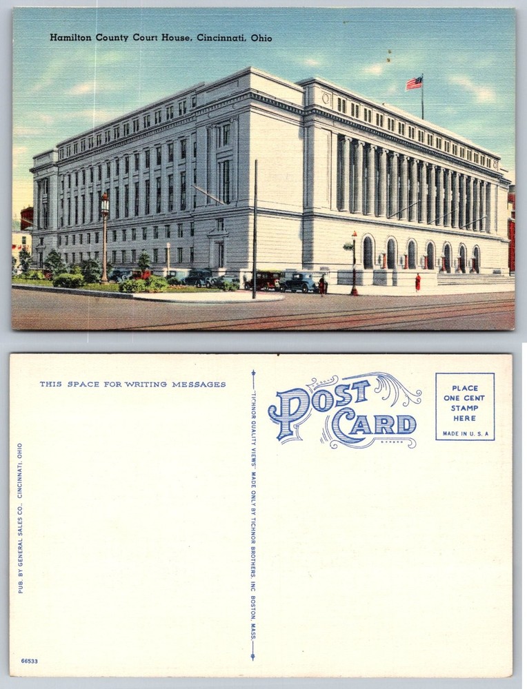 Hamilton County Court House Cincinnati Ohio Linen Postcard Vintage Cars