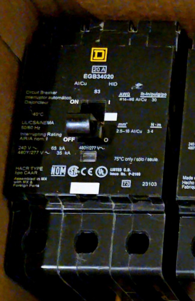 Square D EGB34020 Circuit Breaker 20A 3-Pole 480Y/277V Bolt-On