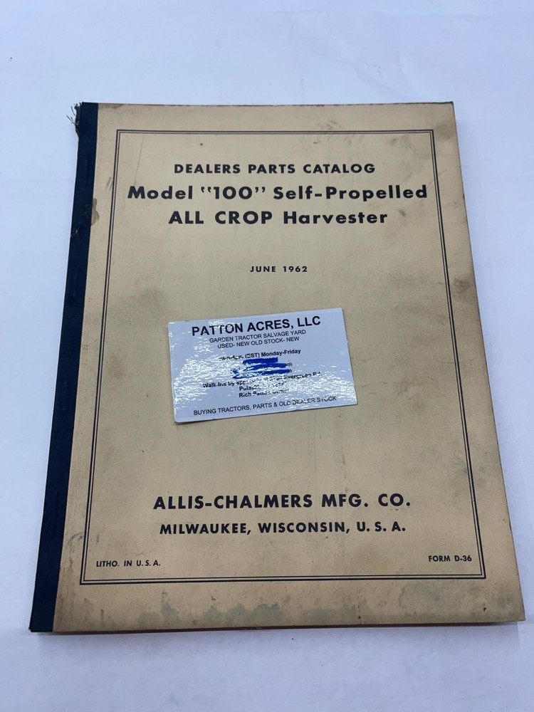 Dealer Parts Cat. for Allis-Chalmers Model 100 Self-Propelled All Crop Harvester