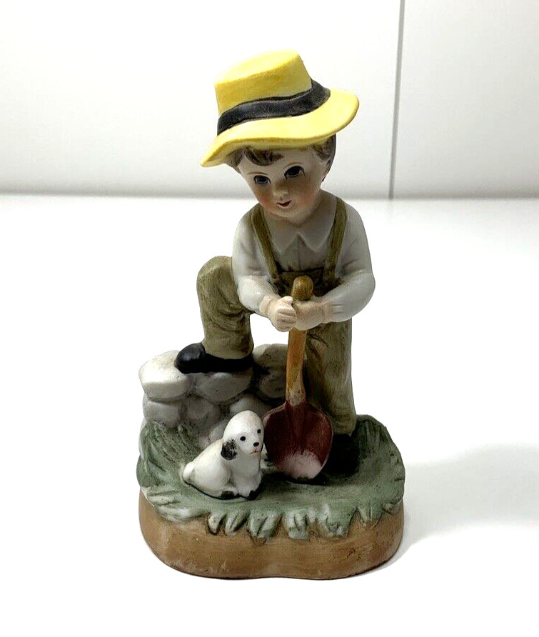 Vintage Ceramic Boy in Overalls & Yellow Hat w/Dog Figurine Made in Korea