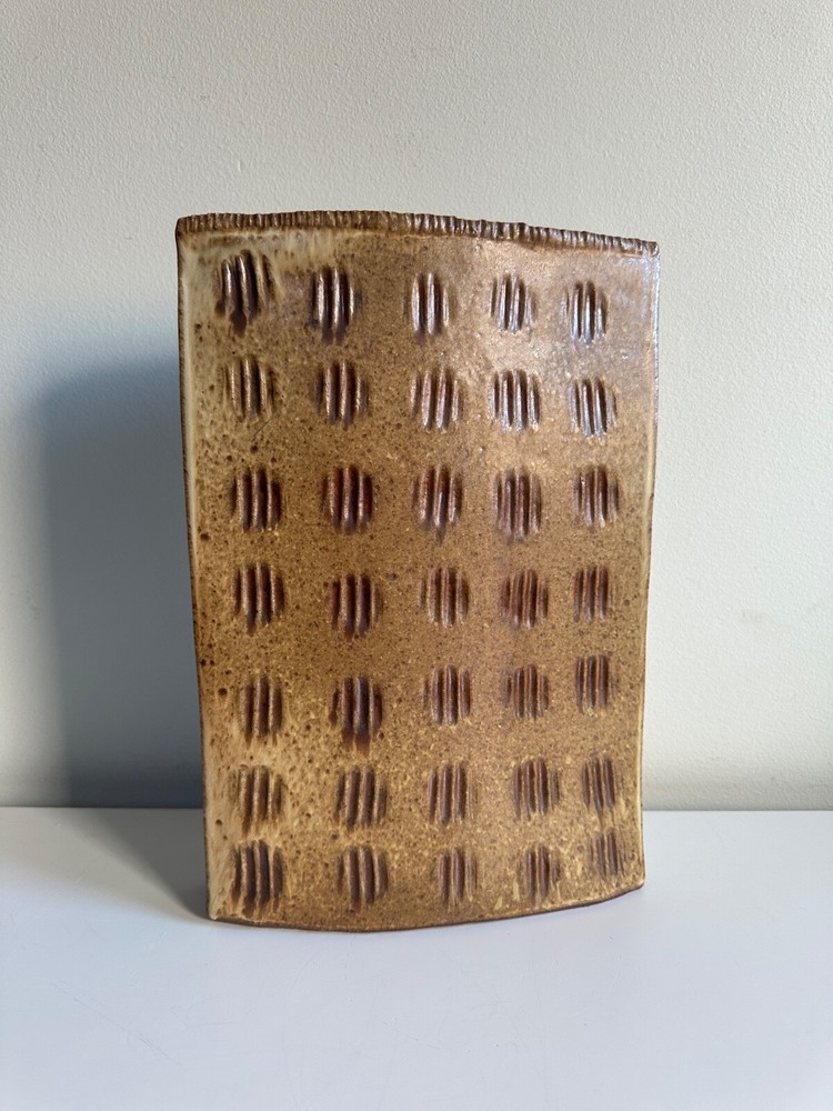 Mid Century Abstract Textured Ceramic Slab Vase Japanese Inspired Rectangular Design  -image
