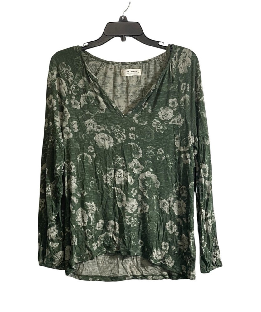 NWT Lucky Brand Shirt Small Floral Olive Green Boho Peasant Long Sleeve
