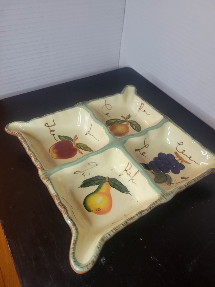Stoneware Snack Tray with Divider Baum Bro Painted Fruit Design  