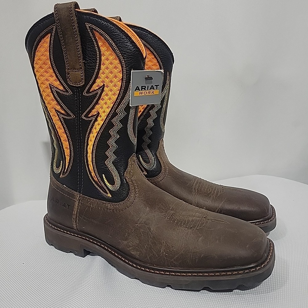 Ariat Men's Groundbreaker VentTEK Brown/Work Orange, Soft Toe Boots, 9.5D Read*