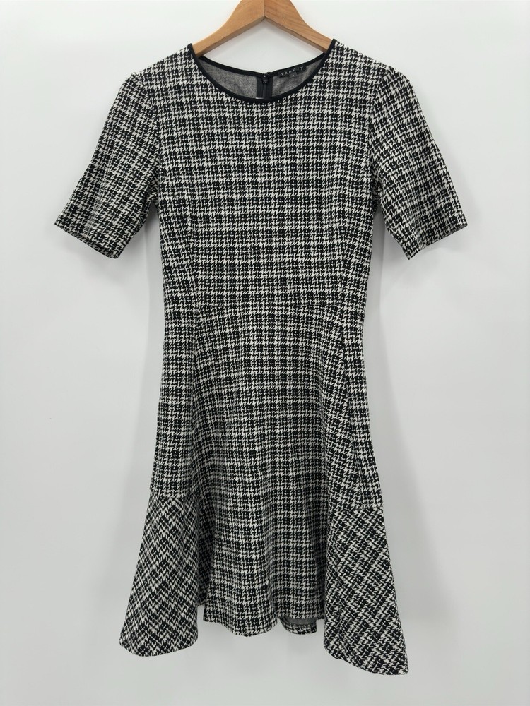 Theory 'Nikay' Houndstooth Woven A-Line Dress Black White Size 4