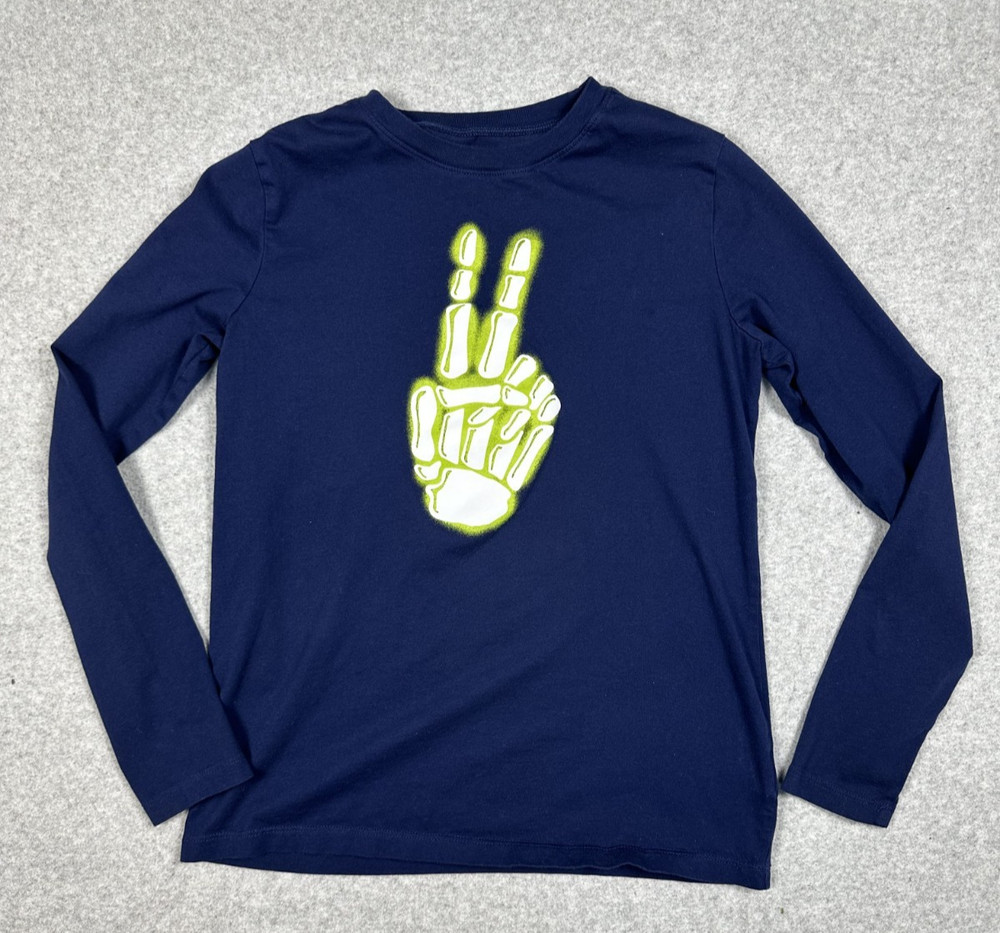 Lands' End Boys Long Sleeve Graphic T-Shirt Navy Blue Skeleton Hand L 14-16
