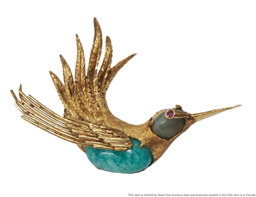 Cats Eye Head Ruby Eye Fine Italy 18k Gold Parrot Humming Bird o Paradise Brooch