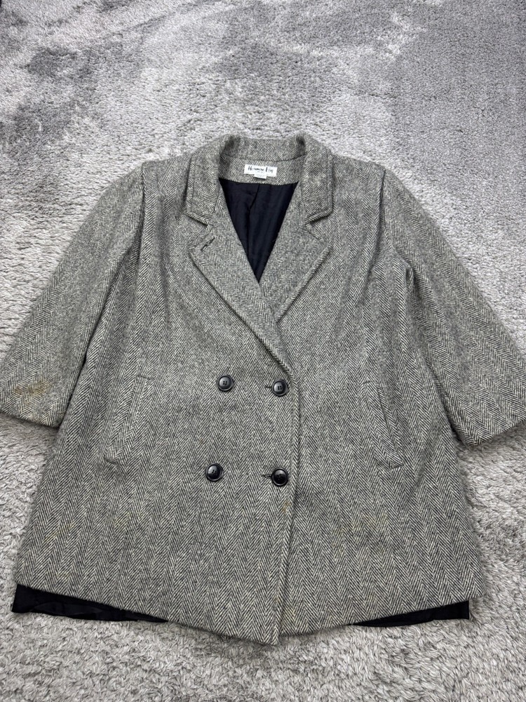 Herman Kay Pea Coat Woman 6 Gray Wool Herringbone Double Breasted Old Money Vtg