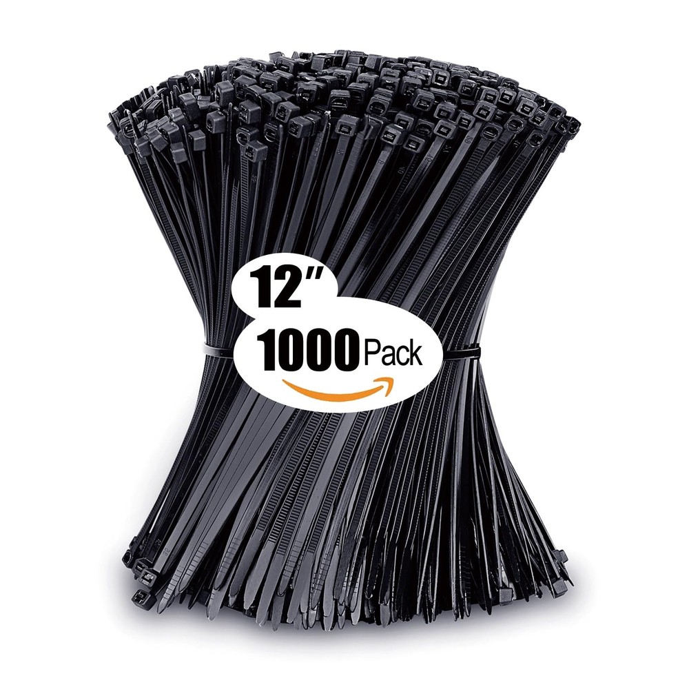 12-Inch Black Zip Ties 45 lb Strength 1000-Pack Cable Ties