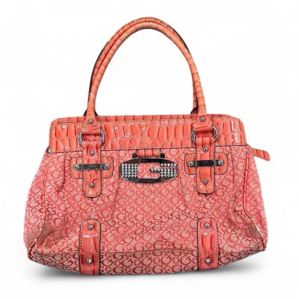 Guess Pink Monogram Tote with Crocodile Embossed Trim