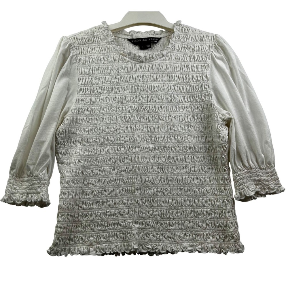 Veronica Beard Jeans Top Womens Medium Langston Smocked Puff Sleeve Ruffle Trim