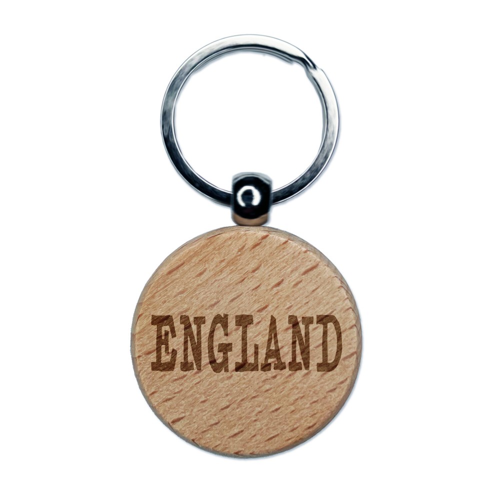 England Fun Text Engraved Wood Round Keychain Tag Charm