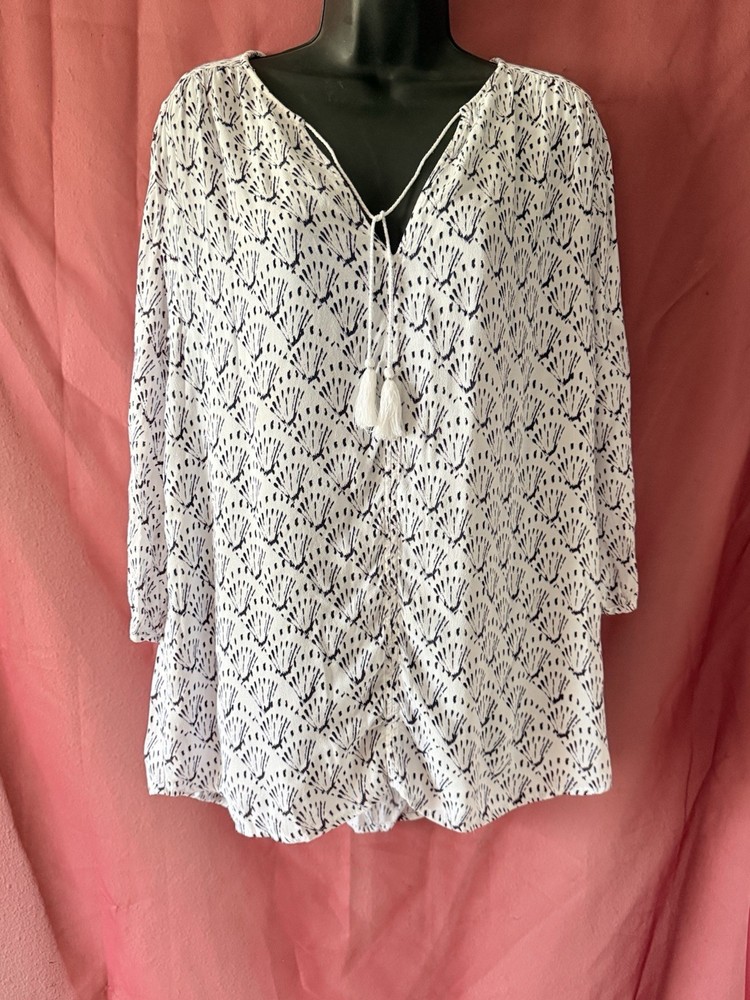 Joules Lilah White Navy Blue Fan Shell Print Tunic Top Size Medium Tassel Tie