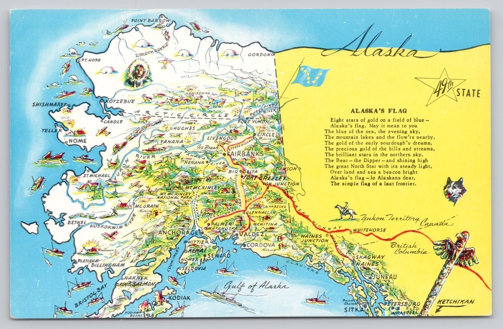 Vintage Alaska State Map Postcard 49th State Totem Pole Fairbanks Anchorage