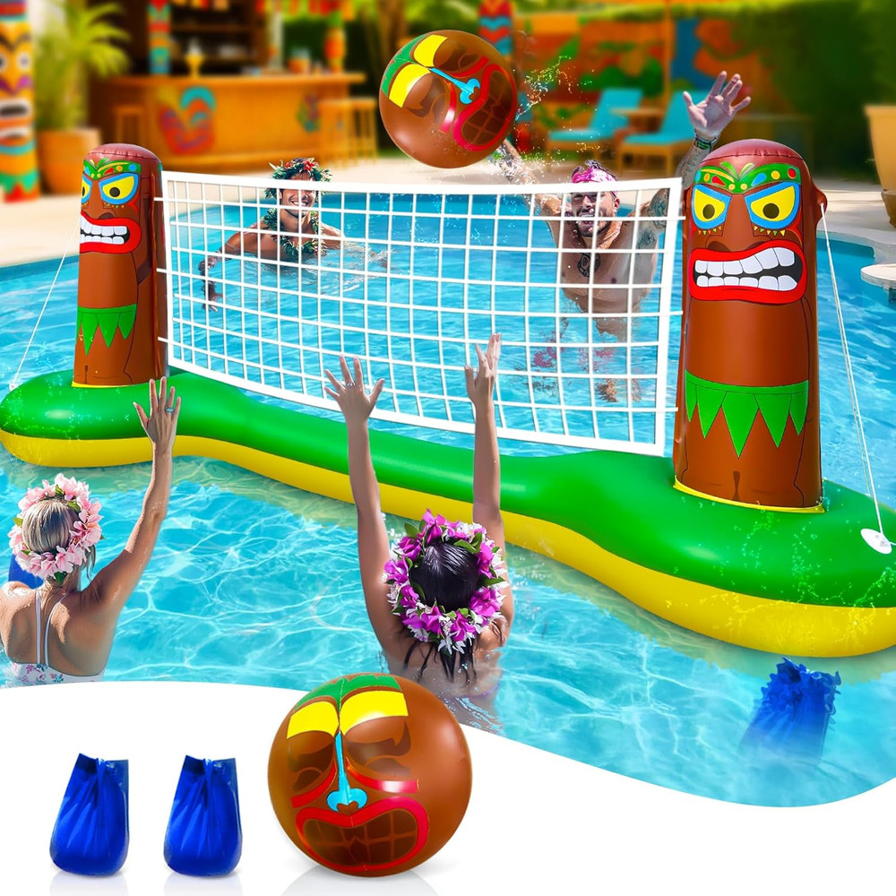 Large Inflatable Luau Tiki Pool Games Volleyball Net Pool Float Set with 9