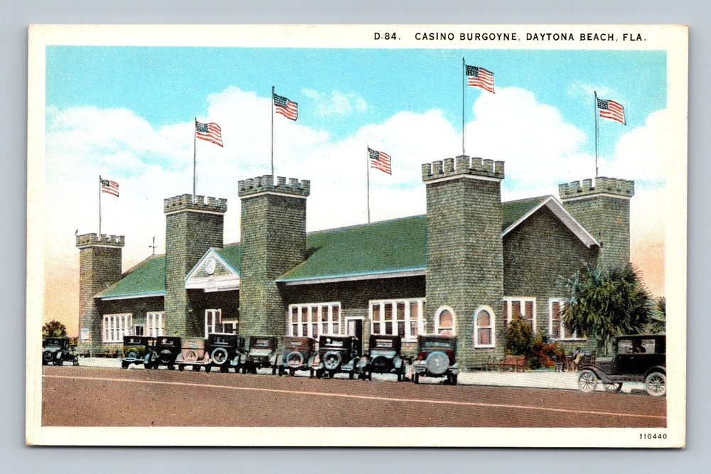 Vintage Casino Burgoyne Daytona Beach FL Linen Postcard Cars Flags