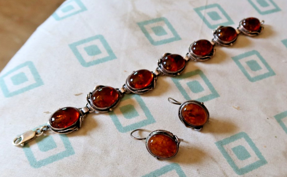 Vintage Genuine Amber Stones Sterling Silver Jewelry SET 7