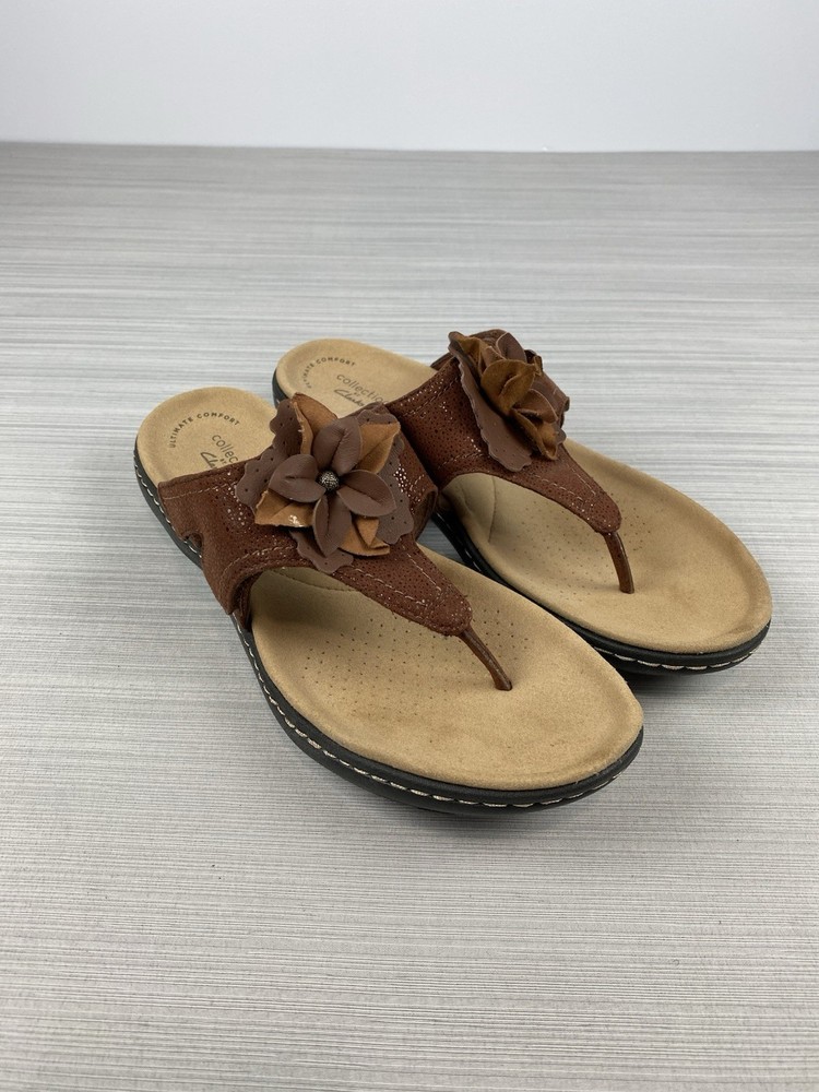 Clarks Laurieann Gema Brown Leather Thong Sandal Size 7.5 Ultra Comfort
