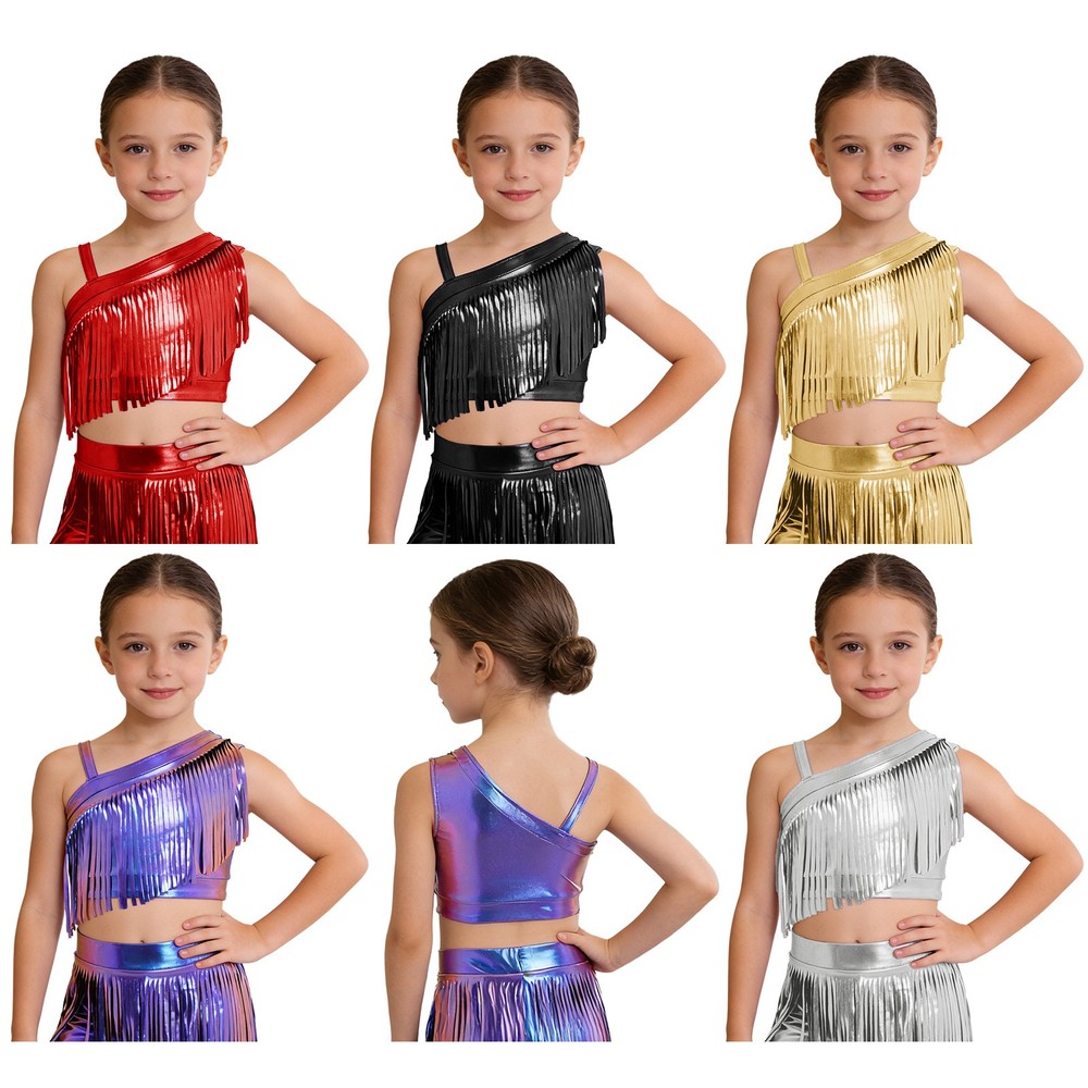 Kids Girls Tops Hip-Hop Dancewear Performance Crop Top Carnival Metallic Salsa