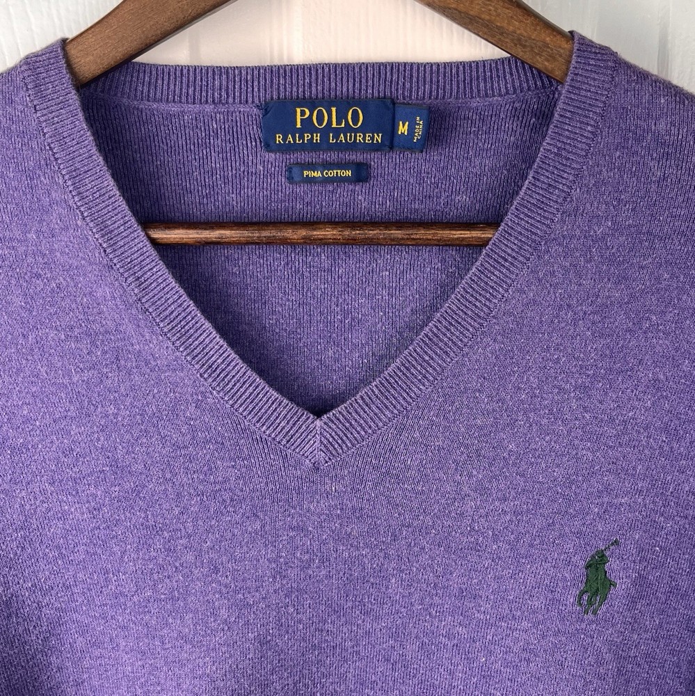 Polo Ralph Lauren Sweater Mens Medium Purple Pima Cotton V-Neck Pullover Pony